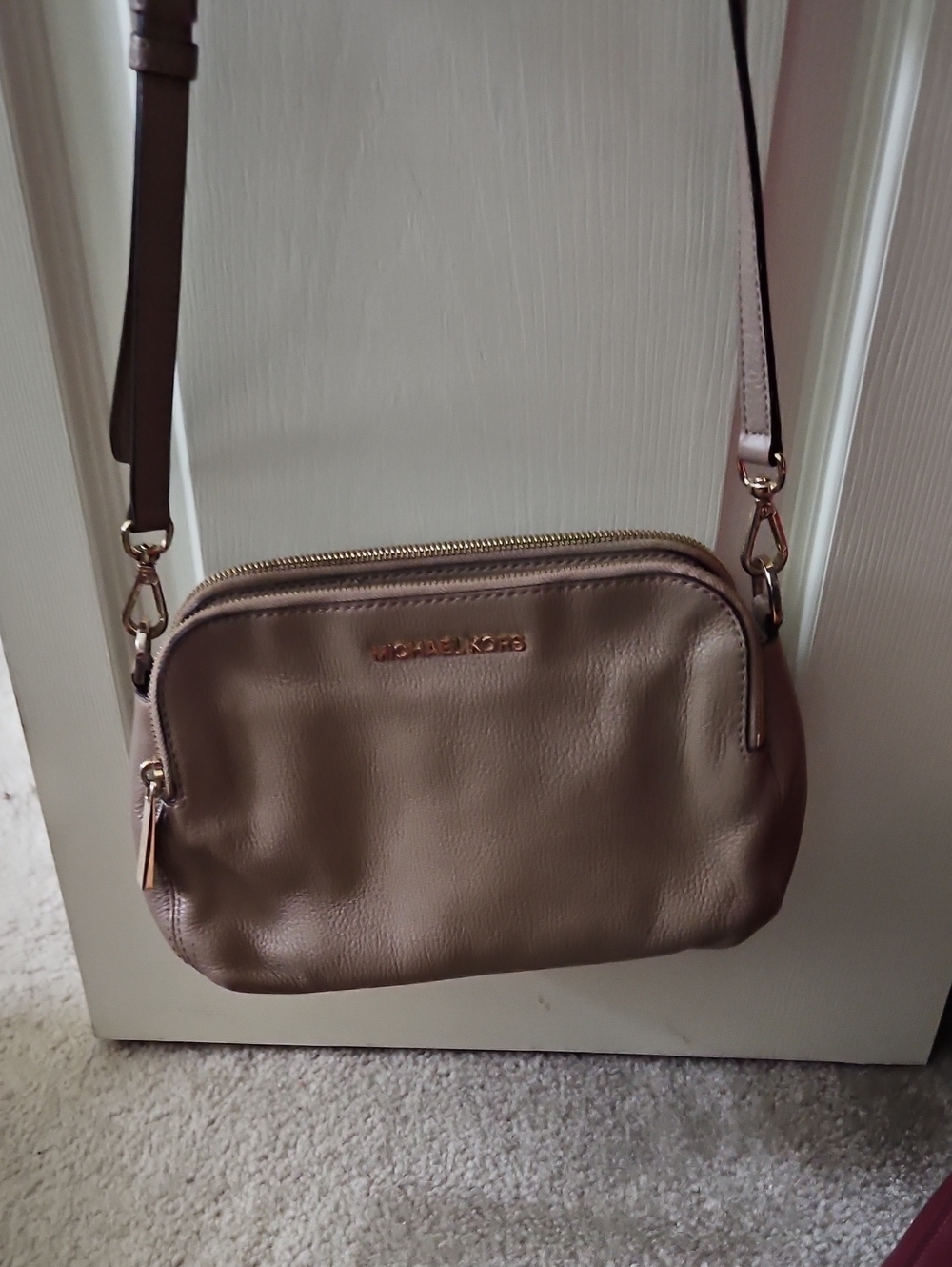 Michael Kors Pebbled Leather Crossbody in Taupe Brown with Gold Hardware